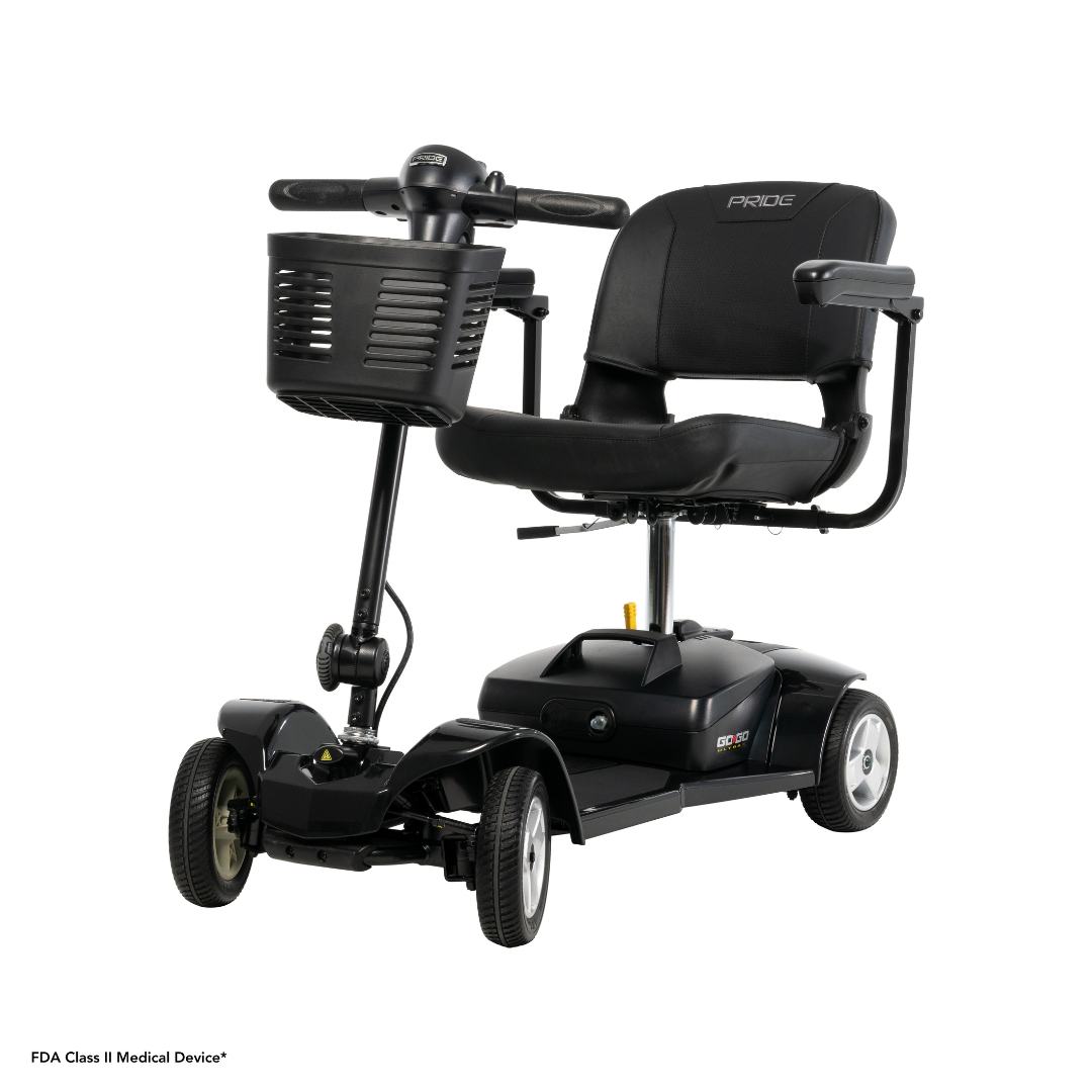 The Pride Mobility Go Go® Ultra X 4-Wheel Scooter is a stylish, black scooter with a front basket, padded seat, and armrests. As an FDA Class II Medical Device, it combines comfort and performance for those looking for a budget-friendly scooter.